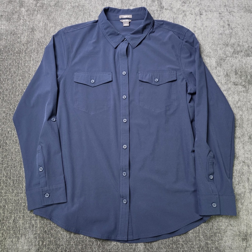 Eddie Bauer Womens Performance Shirt Size Large Navy Blue Roll Tab Fishing L